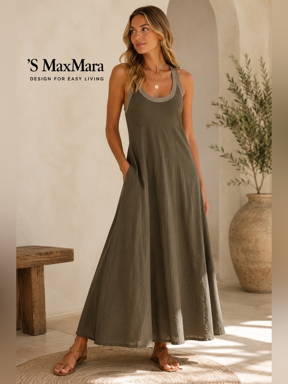 S MaxMara Olive Sleeveless Racerback Maxi Dress Italy Beach Cover Up Sheer XL C7